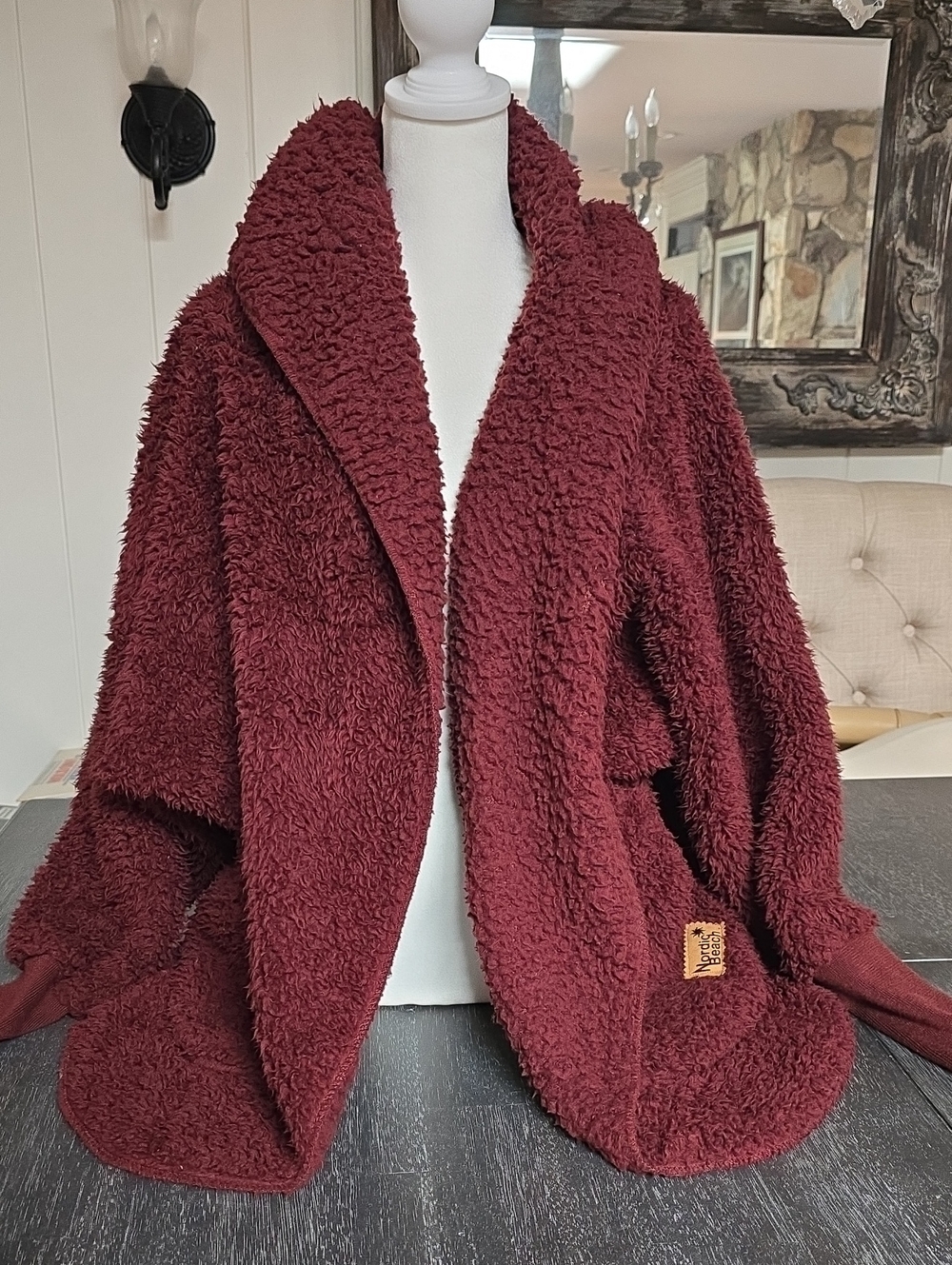 Nordic Beach Plush Open-Front Teddy Jacket - Chocolate Cherry
